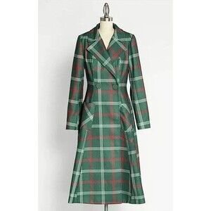 ModCloth Women US 2 XS Trench Coat Danna Poison Check Green Plaid Longline NWT